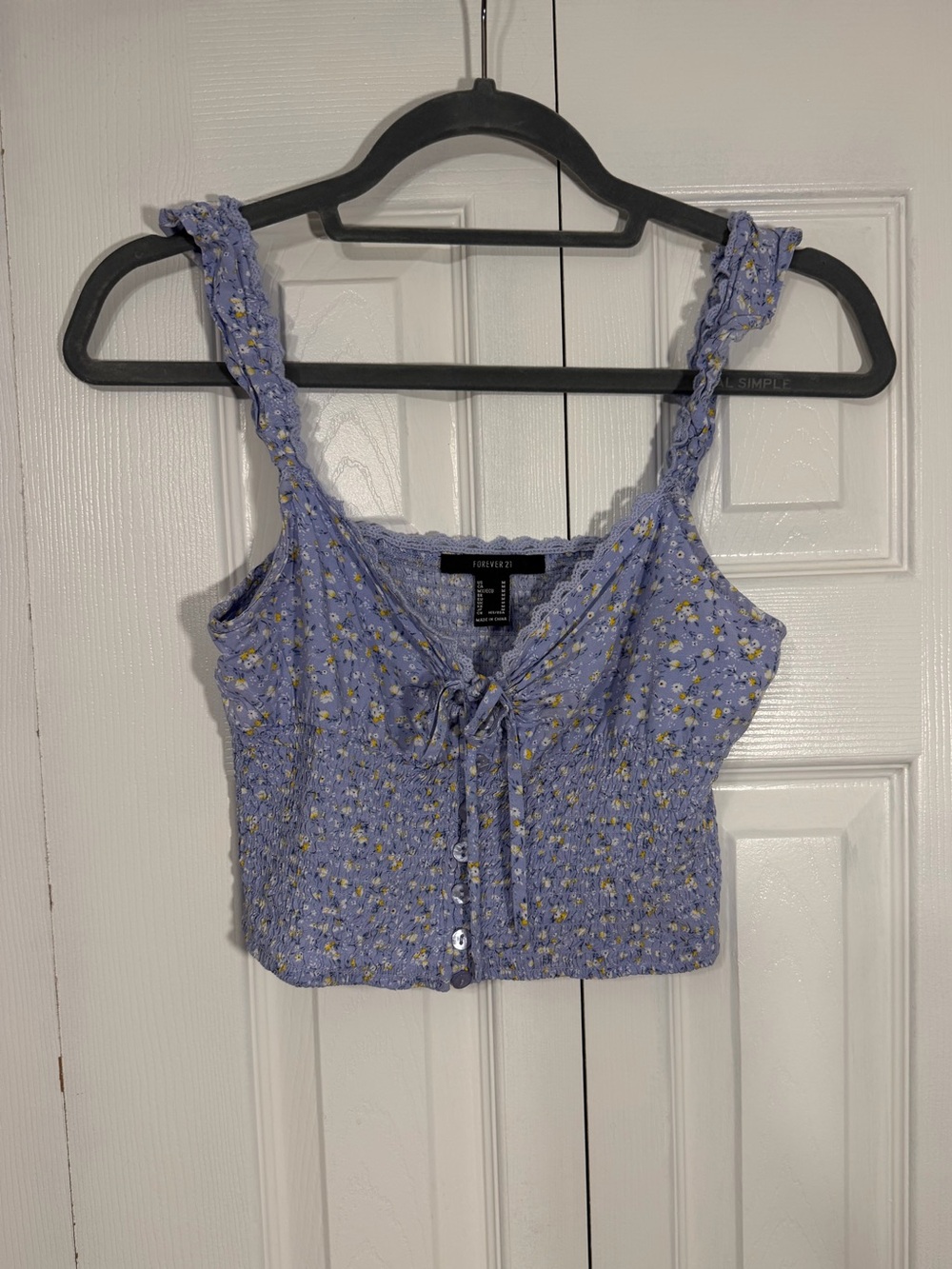 Forever 21 Smocked Floral Crop Tank Top Medium Blue